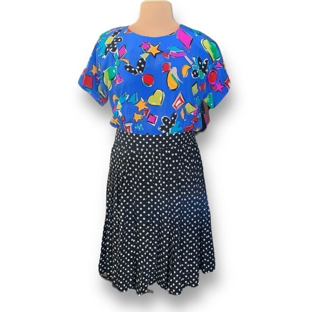 Vintage Rickie Freeman Dress Blue Black Pop Art Star Print Pleated Silk Midi